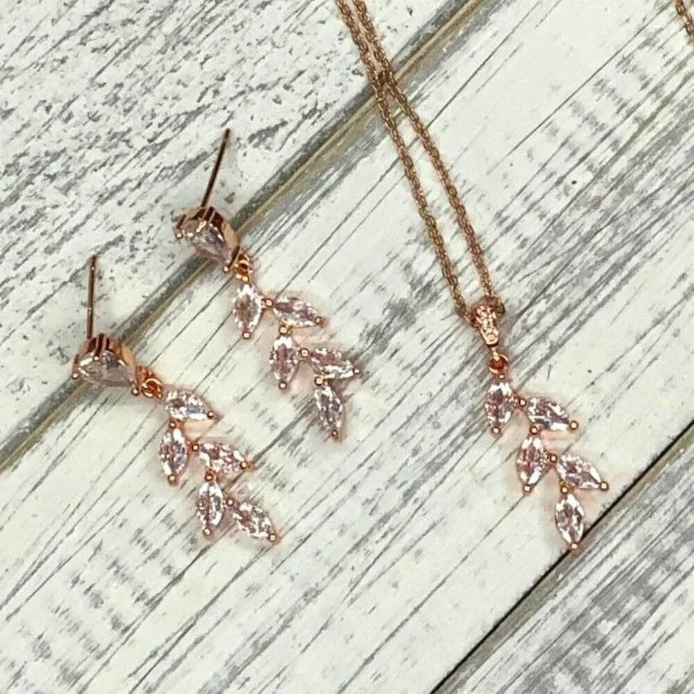 Cubic Zirconia Olive Branch Pendant Necklace Earring Set Rose Gold